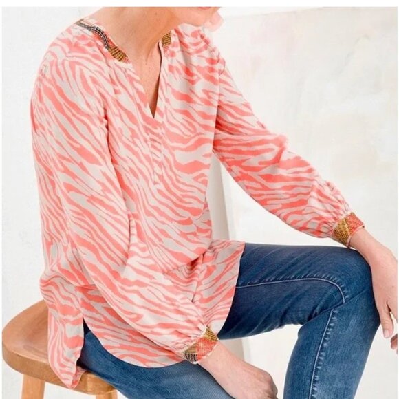 Chico's Embellished Neck Tunic Women's SZ 2P 12/14 Large Zebra Nectarine Blouse - Picture 14 of 14